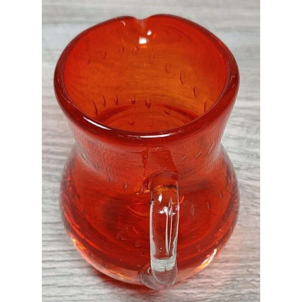 Lefton Red Glass Controlled Bubbles Creamer Hand Blown Mini Pitcher Handle VTG